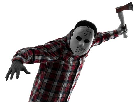 one caucasian man serial killer with mask portrait in silhouette studio isolated on white background