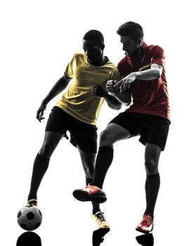 two men soccer player playing football competition in silhouette  on white background