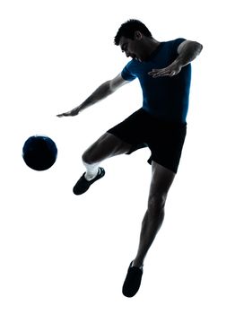 one caucasian man flying kicking playing soccer football player silhouette  in studio isolated on white background