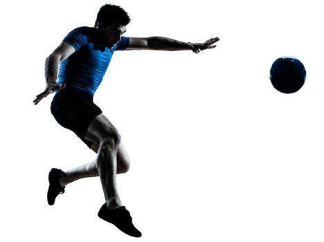 one caucasian man flying kicking playing soccer football player silhouette  in studio isolated on white background