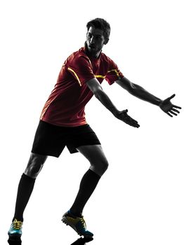one man soccer player  complaining playing football competition in silhouette  on white background