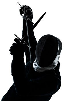 one man fencing silhouette in studio isolated on white background