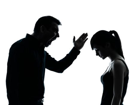 one man and teenager girl dispute conflict  in silhouette indoors isolated on white background