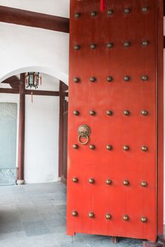 red doors detail of Wen Miao confucian confucius temple in shanghai china popular republic