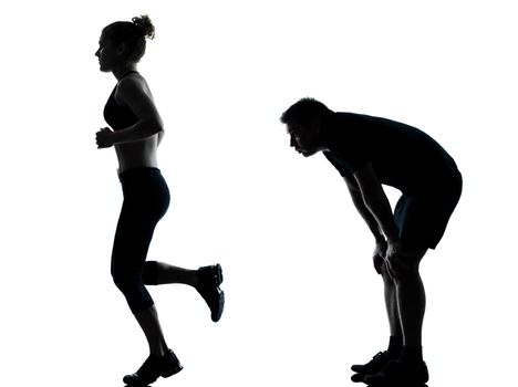 one couple man woman exercising workout aerobic fitness posture full length silhouette on studio isolated on white background