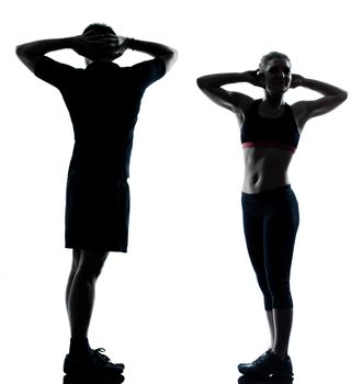 one couple man woman exercising workout aerobic fitness posture full length silhouette on studio isolated on white background