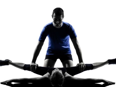 couple woman man exercising workout fitness aerobics posture in silhouette studio isolated on white background