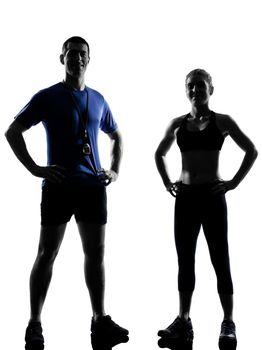 couple woman man exercising workout fitness aerobics instructors posture in silhouette studio isolated on white background