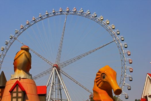 ferris wheel on the blue sky.