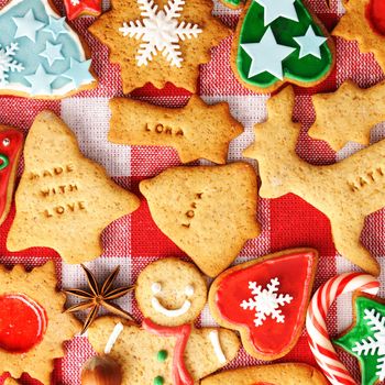 Christmas gingerbread cookies over tablecloth