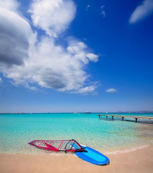 Formentera ibiza ses Illetes beach with windsurf on shore sand