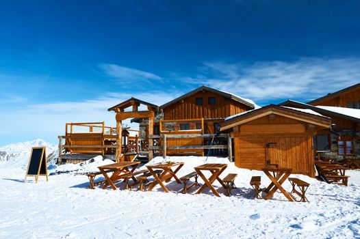 Mountain ski resort with snow in winter, Courchevel, Alps, France