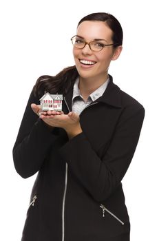 Mixed Race Woman Holding Small House Isolated on White Background.