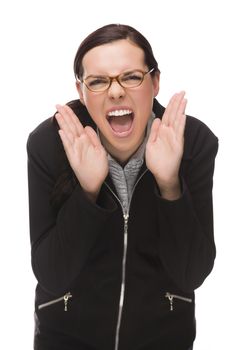 Angry Mixed Race Businesswoman Yelling at Camera Isolated on White Background.