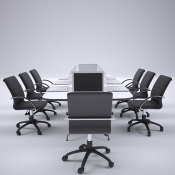 Laptops on the office round table and chairs. Render on a gray background