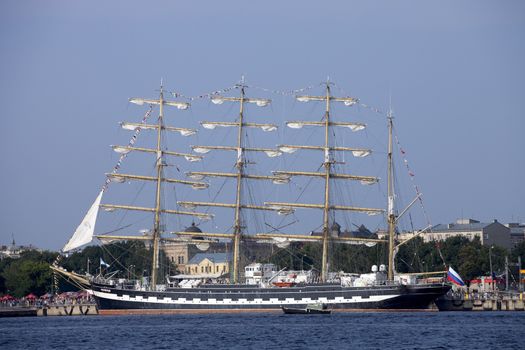 RIGA, LATVIA - JULY 26: Russian tall ship Kruzenshtern during The tall ships races July 26, 2013 Riga, Latvia. Kruzenshtern is four-masted barque and second largest traditional sailing vessel still in operation