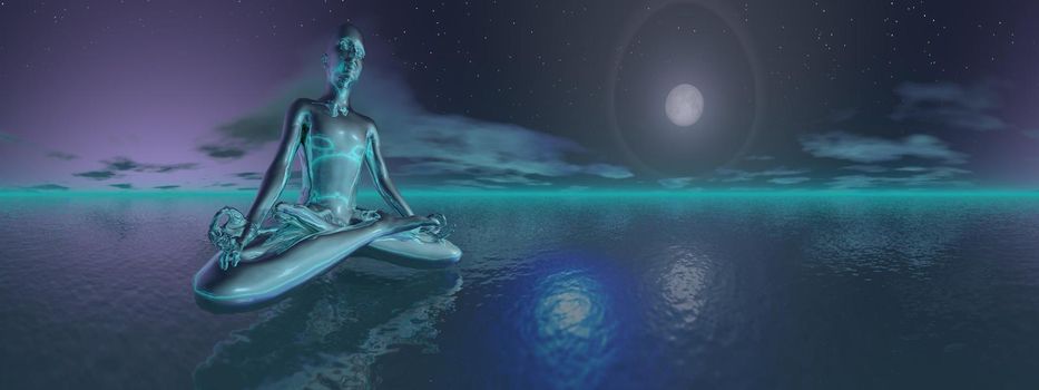 Blue man meditating upon the ocean in deep night with full moon, 360 degrees effect