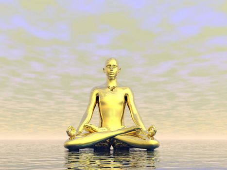 Gold man meditating upon the ocean by grey cloudy day
