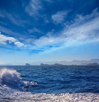 Ibiza Islas bledas Bledes islands with lighthouse from Mediterranean sea of Balearic Islands