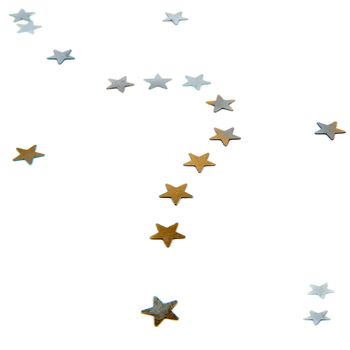a gold and silver question mark, made of stars on a white background