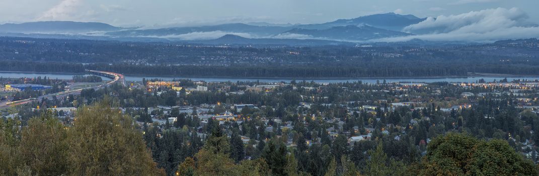 Panoramic View of Oregon and Washington States Divided by Columbia River at Evening Blue Hour