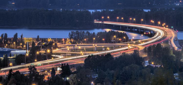 Interstate 205 Freeway Glenn Jackson Memorial Bridge Connecting Vancouver Washington and Portland Oegon Over Columbia River at Evening Blue Hour