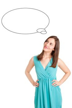 Woman thinking in a white background with a bubble over her