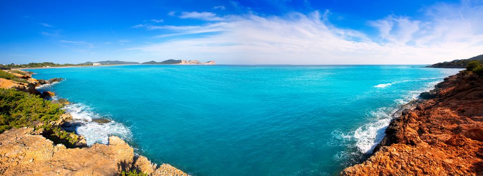 Ibiza Platja des Codolar and Cap des Falco at Balearic islands of Spain