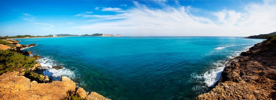 Ibiza Platja des Codolar and Cap des Falco at Balearic islands of Spain