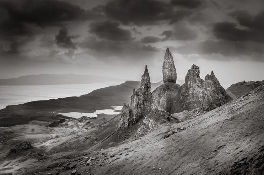 Monochrome vintage view of Old Man of Storr rock formation, Scotland, United Kingdom