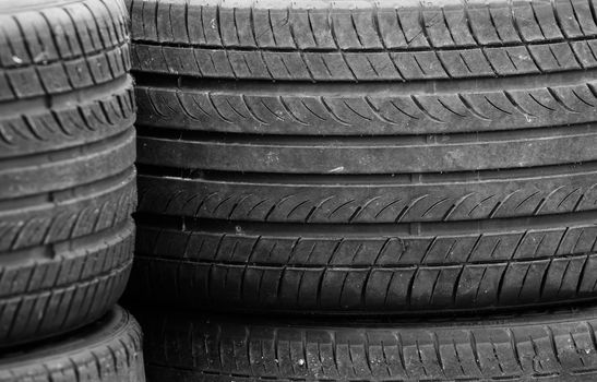 Pile of old rubber tires for background