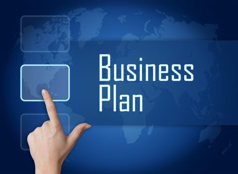 Business Plan concept with interface and world map on blue background