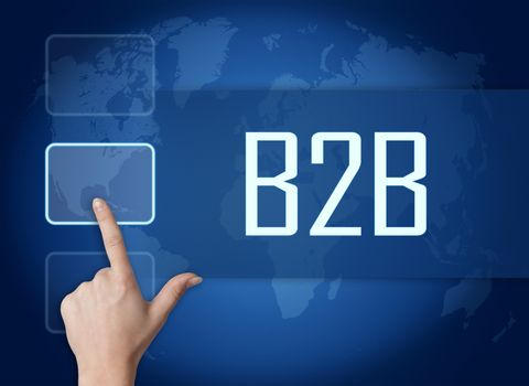 Business to Business concept with interface and world map on blue background