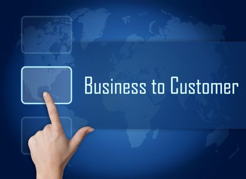 Business to Customer concept with interface and world map on blue background