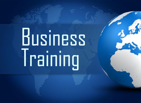 Business Training concept with globe on blue background