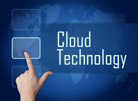 Cloud Technology concept with interface and world map on blue background