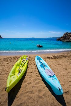 Ibiza cala Sant Vicent beach with Kayaks san Juan at Balearic Islands of spain