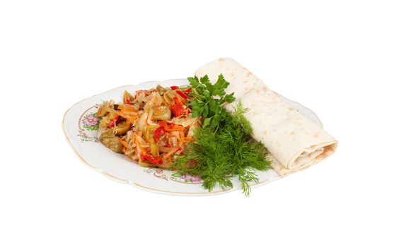 Canned vegetable salad with fresh greens and pita bread on a plate, isolated on a white background