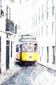 yellow ancient tram on streets of Lisbon, Portugal. Imitation of water color drawing