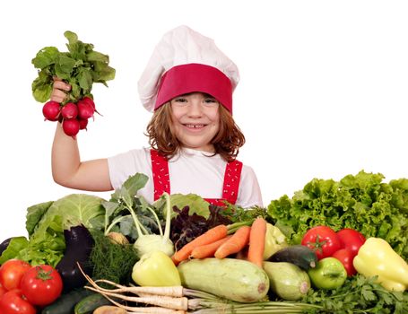 happy little girl cook holding radish vegetables