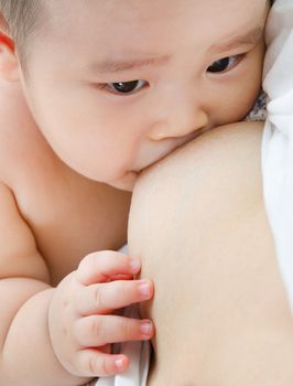 Close up Asian mother breast feeding baby boy.  Mother and baby