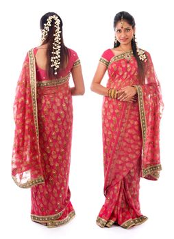 Full body traditional Indian girl in sari costume different angle front and rear view standing isolated on white background.