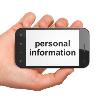 Privacy concept: hand holding smartphone with word Personal Information on display. Mobile smart phone in hand on White background, 3d render