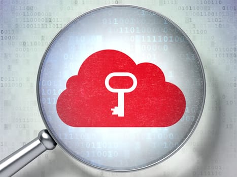 Cloud technology concept: magnifying optical glass with Cloud With Key icon on digital background, 3d render