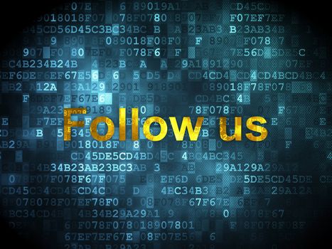 Social network concept: pixelated words Follow us on digital background, 3d render