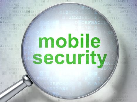 Protection concept: magnifying optical glass with words Mobile Security on digital background, 3d render