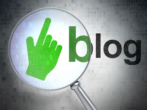 Web design concept: magnifying optical glass with Mouse Cursor icon and Blog word on digital background, 3d render