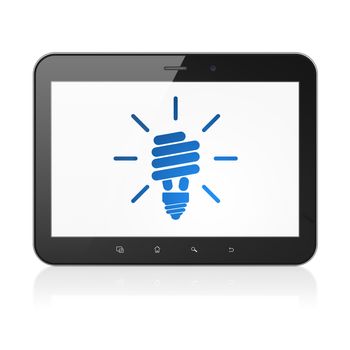 Business concept: black tablet pc computer with Energy Saving Lamp icon on display. Modern portable touch pad on White background, 3d render