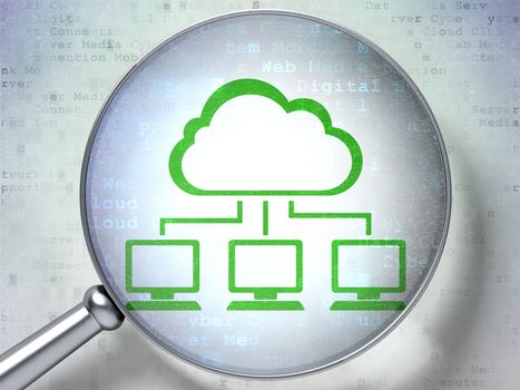 Cloud technology concept: magnifying optical glass with Cloud Network icon on digital background, 3d render