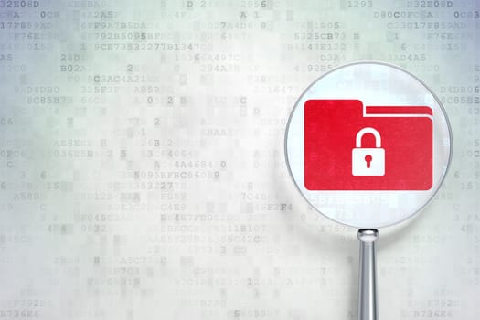 Finance concept: magnifying optical glass with Folder With Lock icon on digital background, empty copyspace for card, text, advertising, 3d render